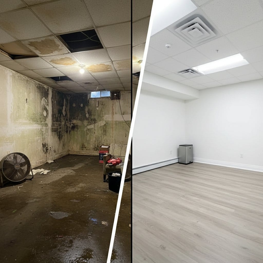 Attic & Crawl Space Mold Removal before and after in finished basement, Saddle River NJ