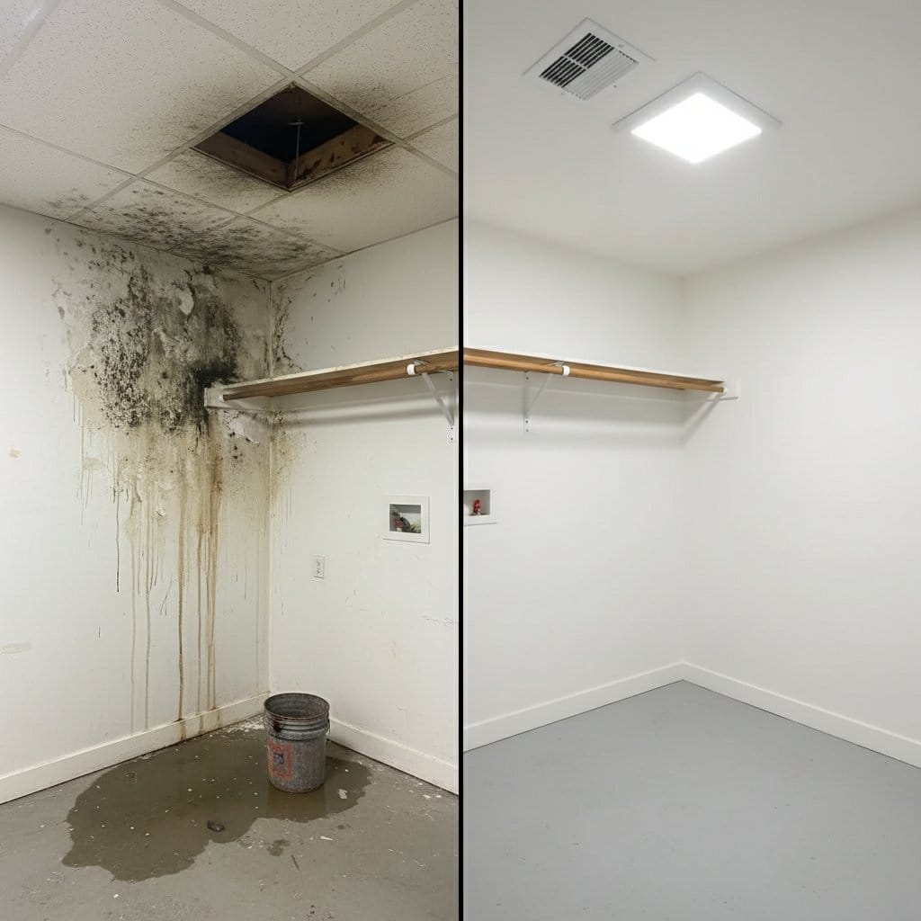 Attic & Crawl Space Mold Removal restoration — utility room of split-level home in Saddle River, NJ