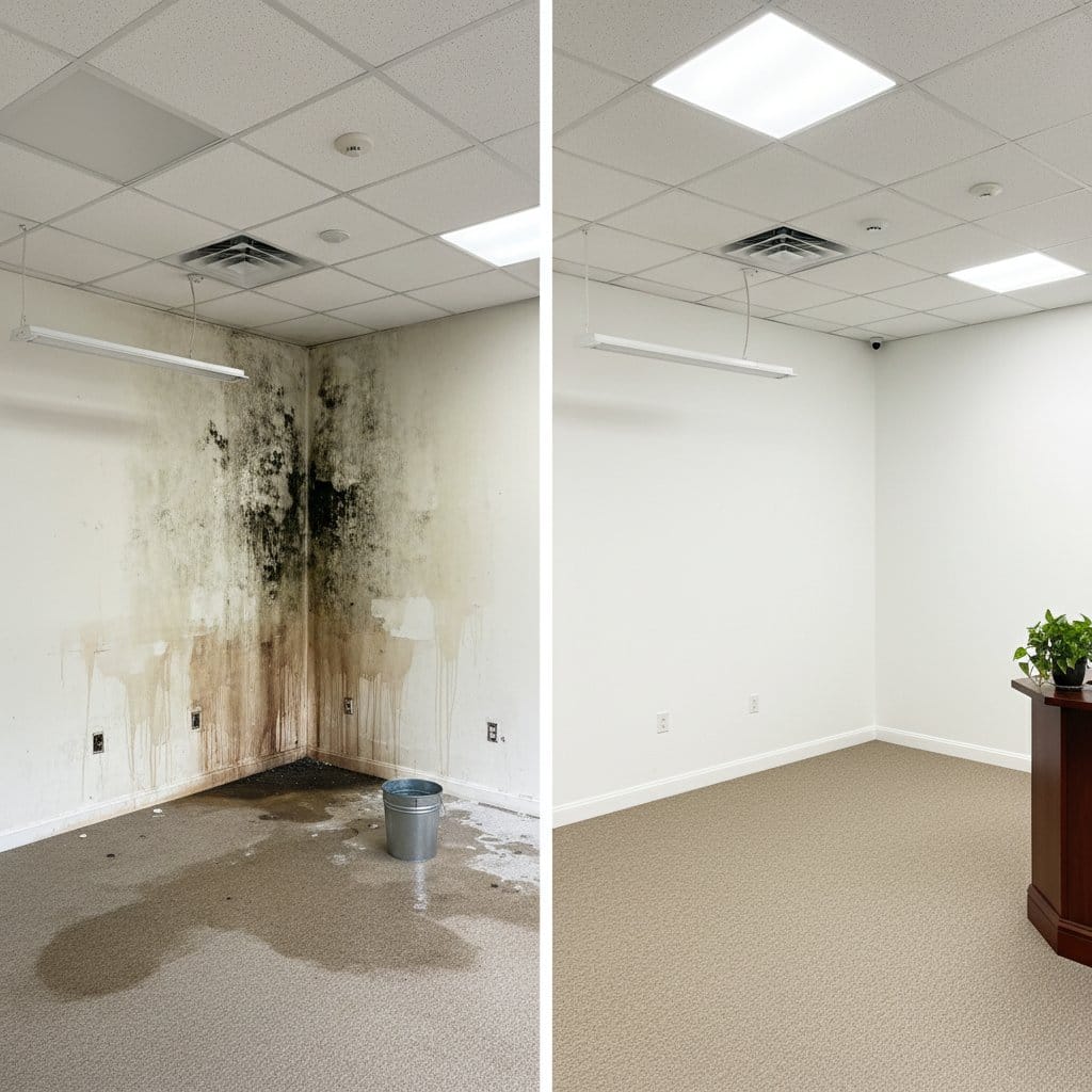 Before and after attic & crawl space mold removal in Saddle River Cape Cod house storefront interior