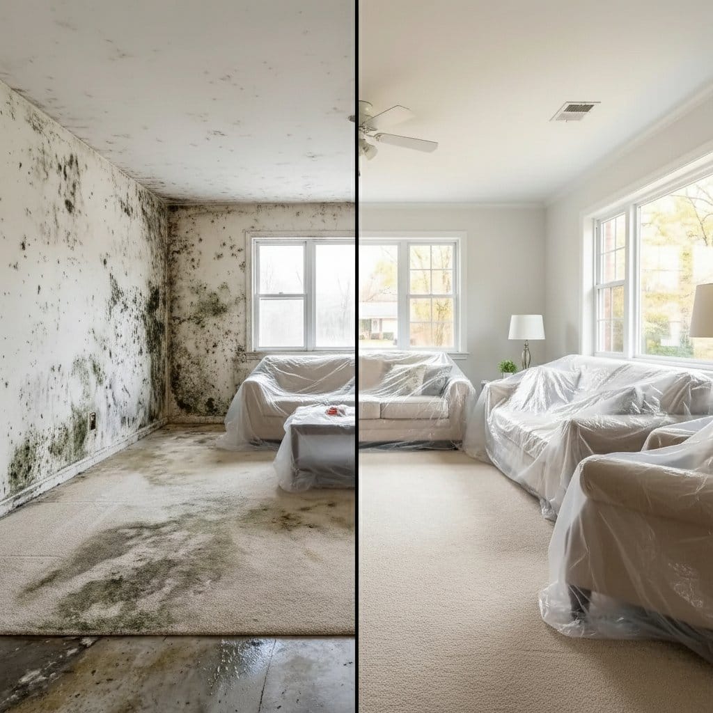 Mold Testing & Lab Reporting before and after in living room, Saddle River NJ