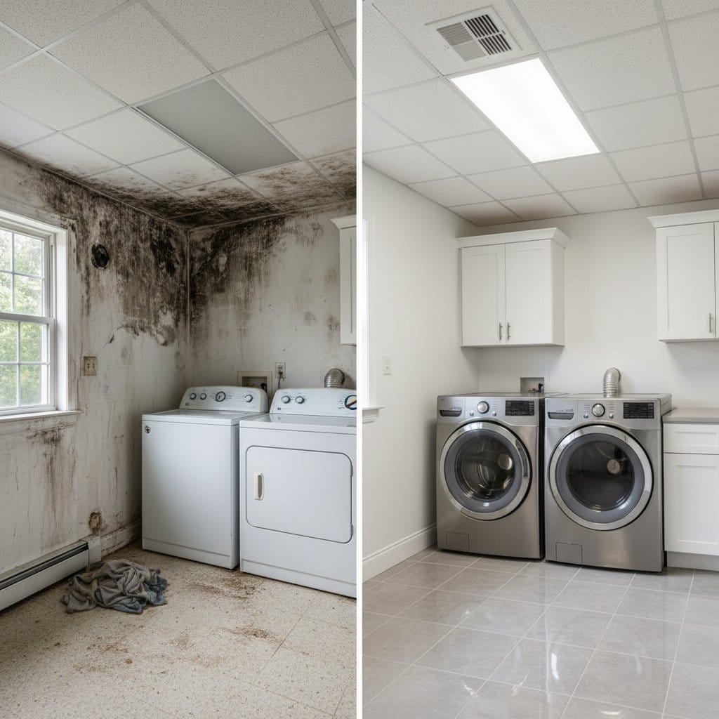 Black Mold Removal restoration — laundry room of contemporary home in Saddle River, NJ