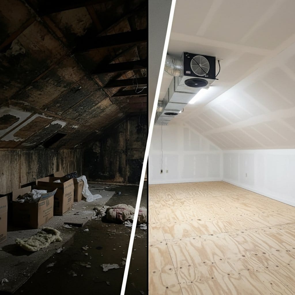 Before and after post-remediation cleaning & clearance in Saddle River single-family home attic space