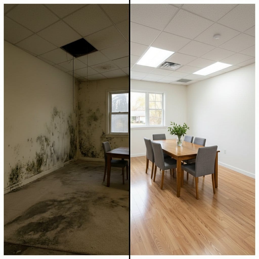 Before and after odor removal & disinfection in Saddle River ranch-style home dining room